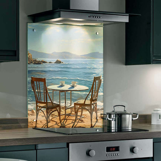 Serene morning coffee scene splashback featuring two chairs and a table overlooking the sea, perfect for kitchens.