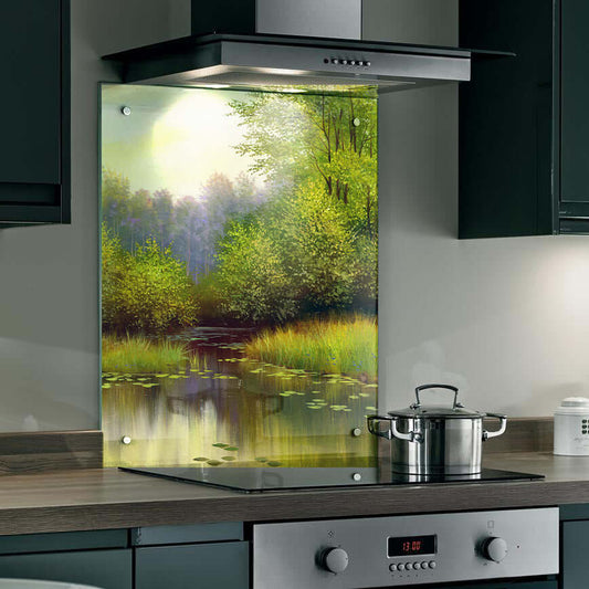 Tranquil pond splashback in a kitchen, featuring lilies and lush greenery for a serene ambiance.