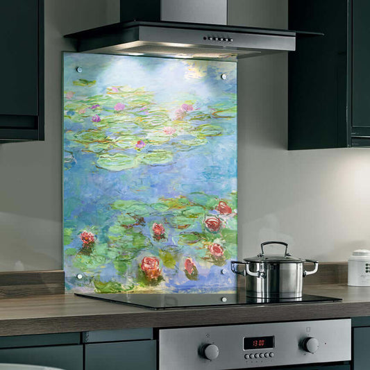 Colorful splashback featuring Monet's 'Lilies in a Pond', adding elegance and artistic charm to modern kitchen decor.