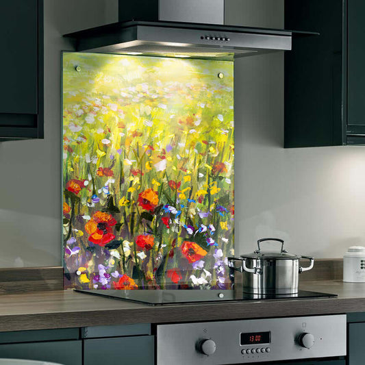 Watercolour-style splashback featuring poppies and wildflowers in vibrant colors, perfect for kitchen decor.