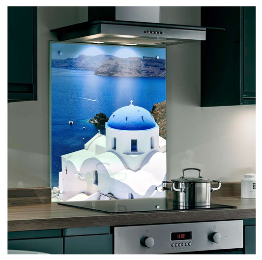 Santorini seascape splashback featuring blue dome and white architecture, enhancing kitchen aesthetics and tranquility.
