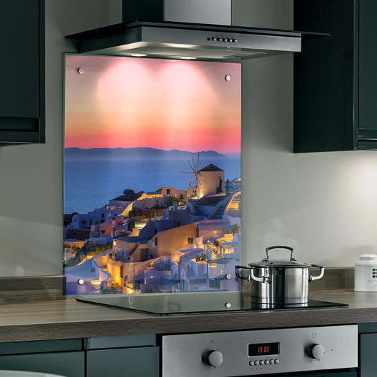 Santorini at night splashback featuring white buildings and sunset glow, adding coastal charm to modern kitchen.