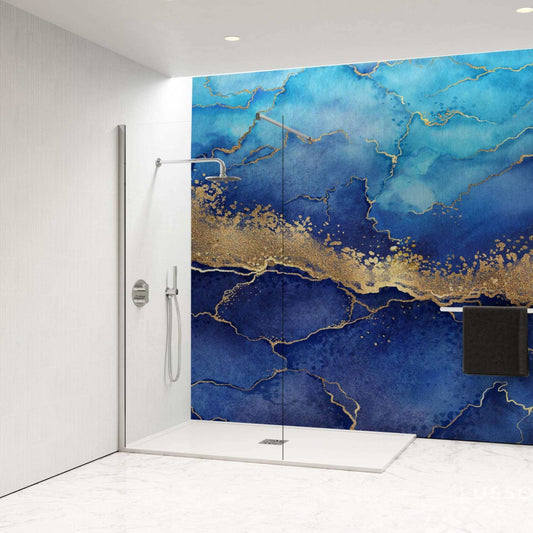Gold and blue marble effect shower panel, transforming bathroom walls with vibrant, waterproof design.