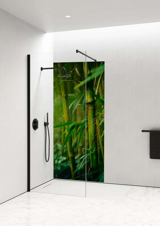 Bamboo Forest Shower Panel by Opelli, capturing the essence of nature in a modern bathroom setting.