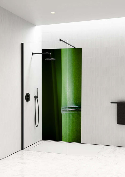 Bamboo Clarity Shower Panel by Opelli featuring vibrant green tones and sleek design in a modern bathroom setting.