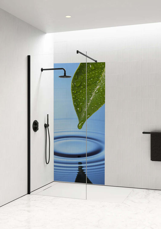 Tranquil Leaf and Water Shower Panel by Opelli featuring a leaf and calm water design, ideal for mindful living spaces.
