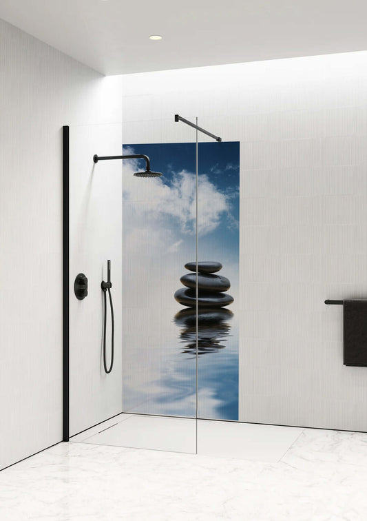 Sky Balance Shower Panel by Opelli featuring polished stones and reflective water under a serene sky.