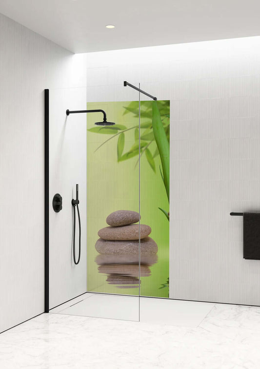 Bamboo Stillness Shower Panel by Opelli featuring stacked stones and green bamboo hues for a calming shower experience.
