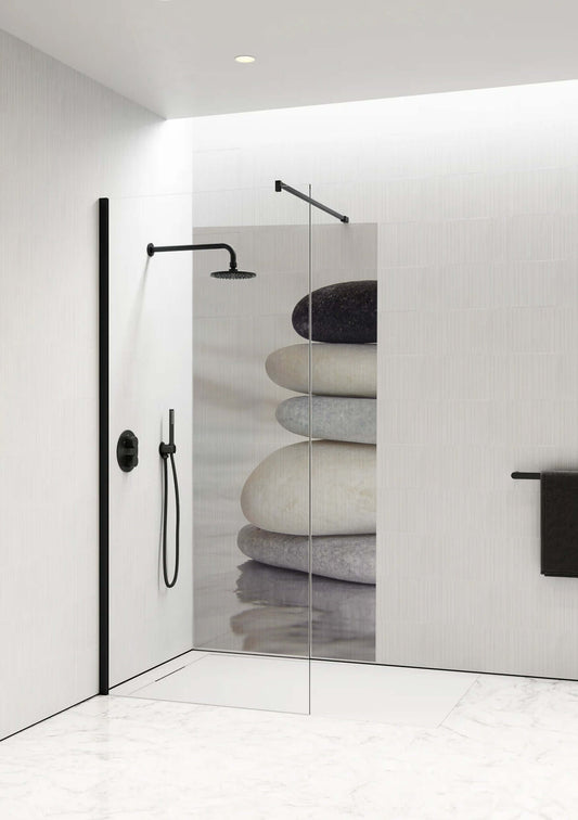 Zen Balance Shower Panel featuring stacked river stones for a calming, minimalist bathroom design.