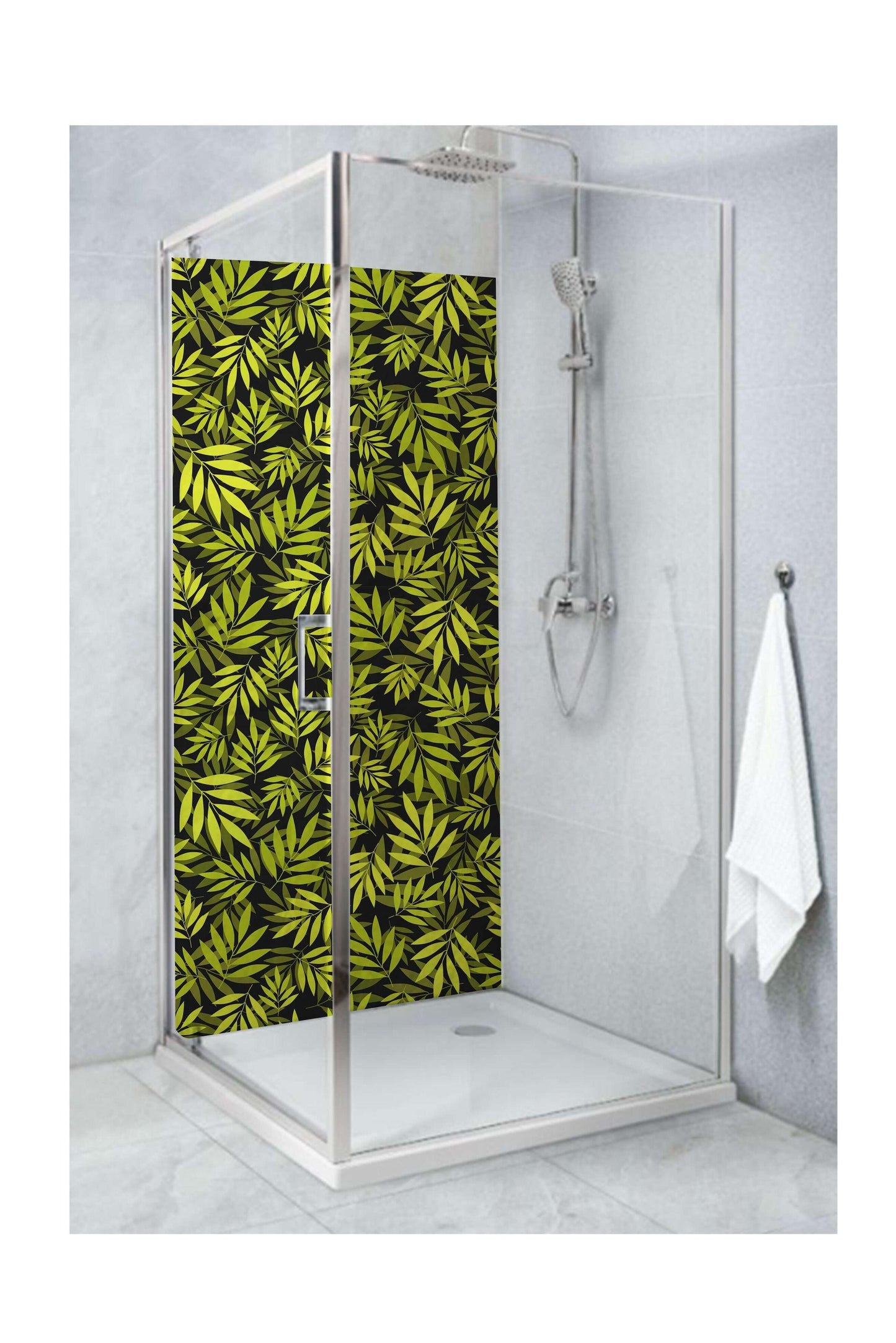Shower panel featuring vibrant green leaves design, enhancing bathroom decor with a touch of nature-inspired elegance.