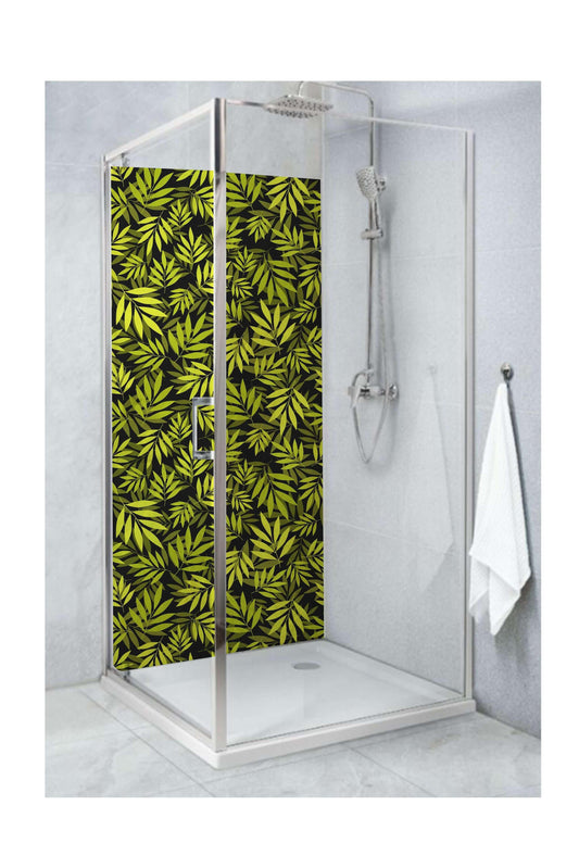 Shower panel featuring vibrant green leaves design, enhancing bathroom decor with a touch of nature-inspired elegance.
