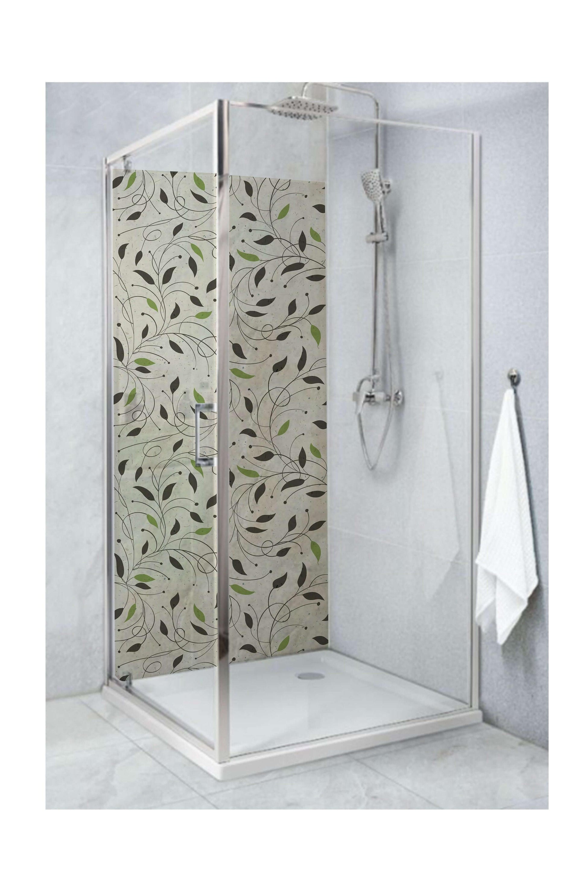 Shower panel featuring small leaves on a beige background, adding elegance and warmth to a modern bathroom.