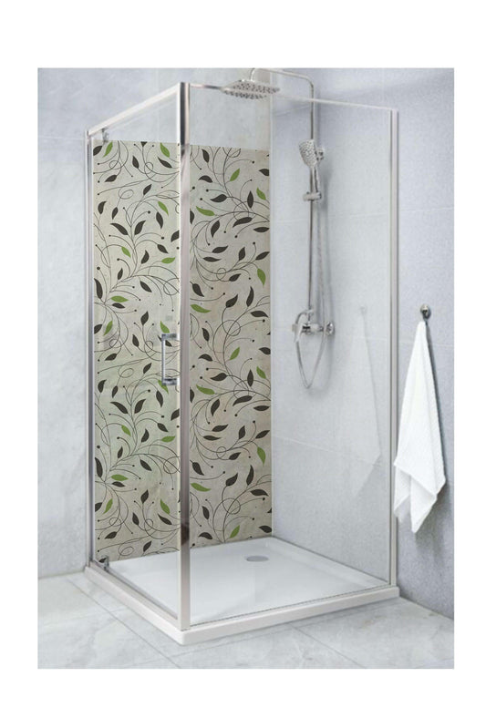 Shower panel featuring small leaves on a beige background, adding elegance and warmth to a modern bathroom.