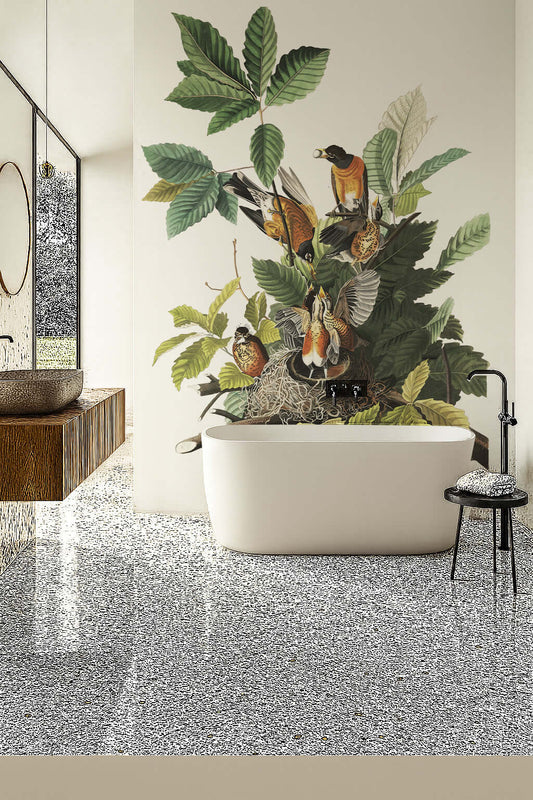Audubon American Robin shower panel mural depicting nesting robins and lush foliage in a modern bathroom setting.