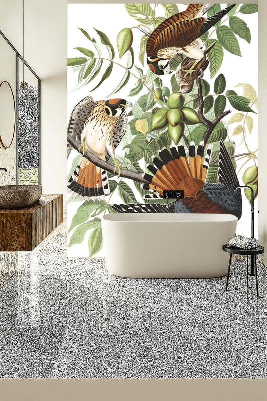 Audubon Kestrel Shower Panel displaying vibrant falcons amidst lush foliage in a modern bathroom setting.