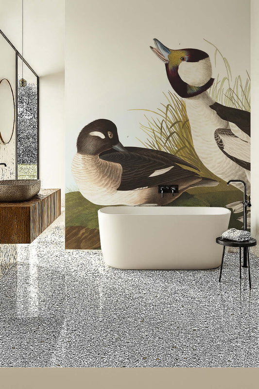 Audubon Duck Shower Panel featuring Bufflehead pair in a serene bathroom setting with modern tub and natural elements.