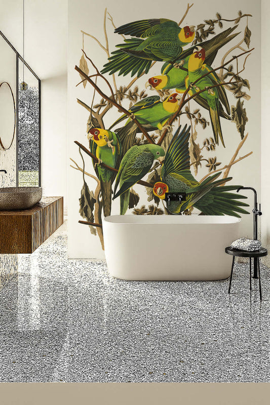 Luxury bathroom with Audubon Parrot wall mural and freestanding bath, showcasing Carolina Parakeets.