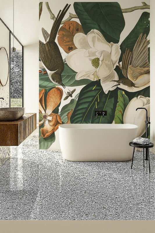 Audubon Magnolia Warbler Shower Panel mural featuring birds and blossoms in a stylish bathroom setting.