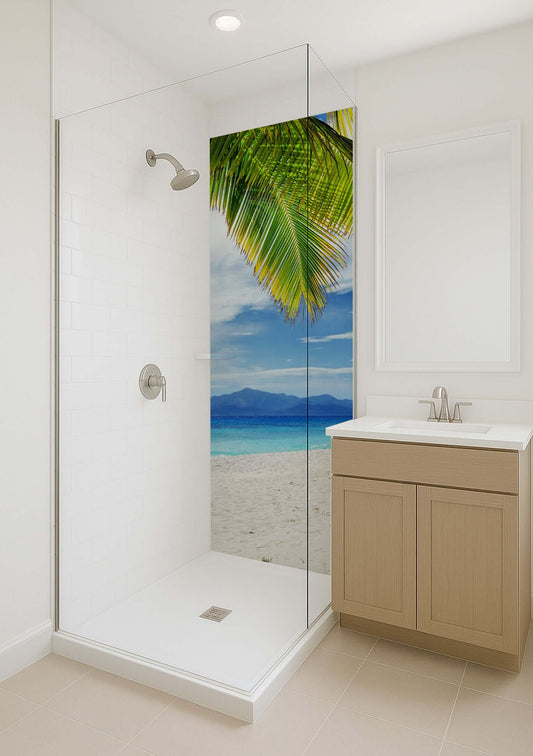 Elegant shower featuring a beach and palm mural, creating a tranquil escape with blue sea and clear sky.