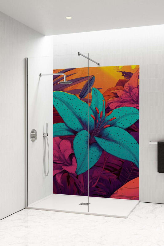 Vibrant teal flower shower panel in a modern bathroom, showcasing floral design and artistic decor elements.