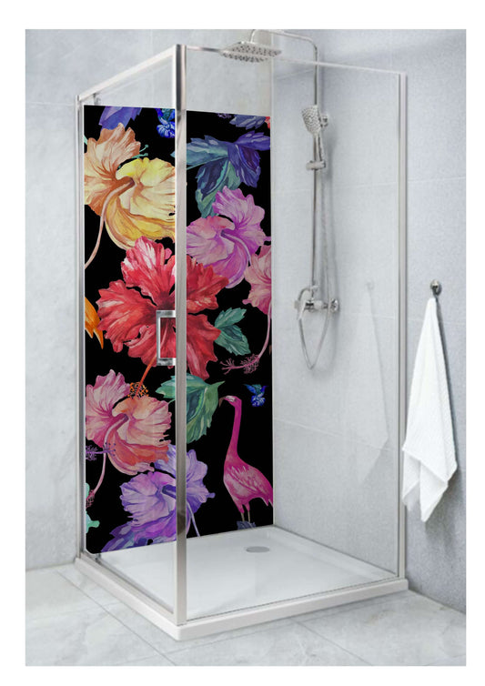 Stunning bathroom shower panel featuring vibrant floral print and storks on a black background, perfect for serene decor.