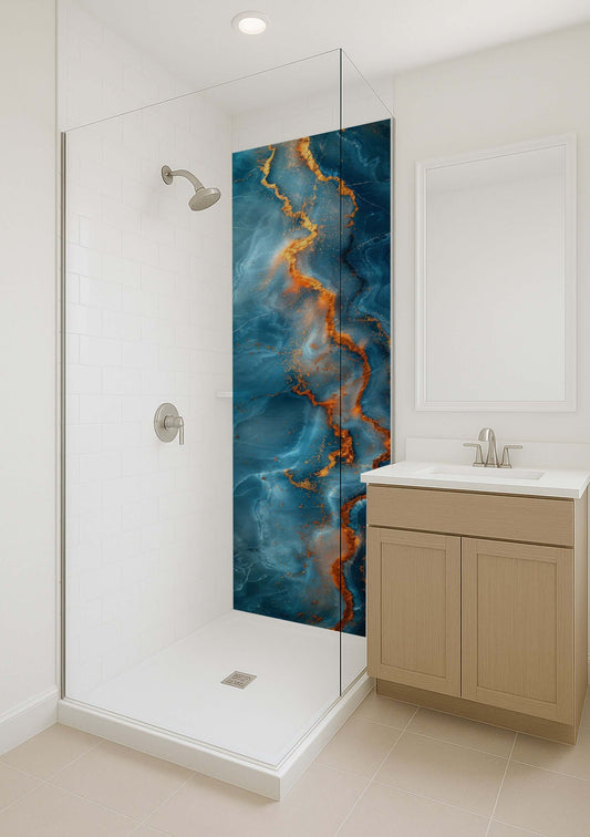 Stunning bathroom featuring a blue and gold amethyst shower wall design, enhancing modern interior decor.