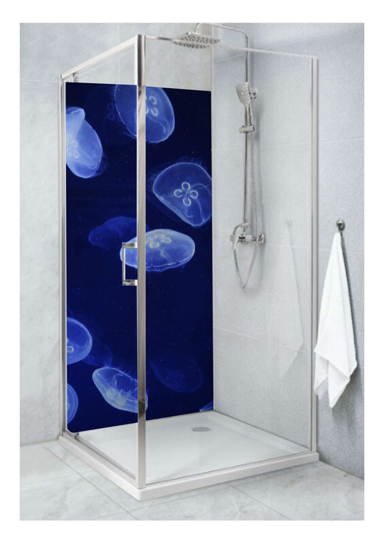 Blue jellyfish panel for shower, featuring flowing tentacles and a serene ocean-inspired design.