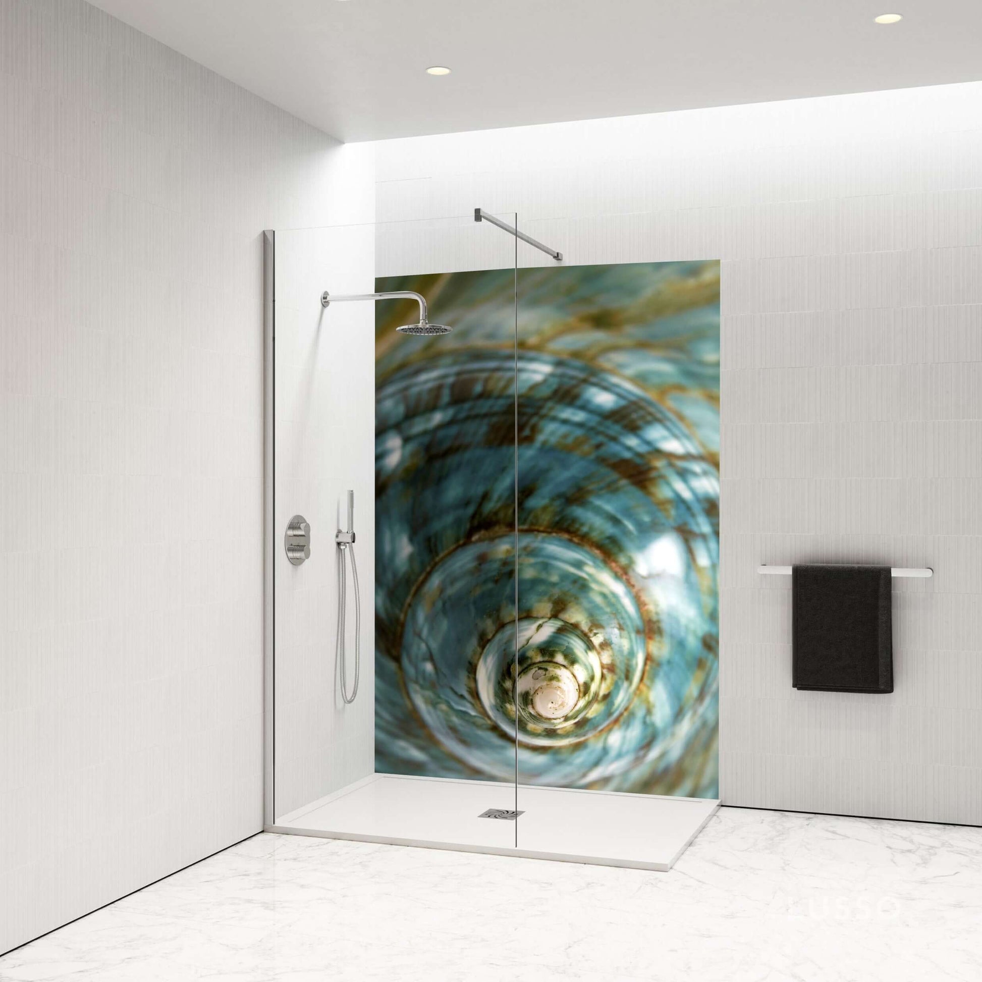 Close-up of a blue and green marble shell shower panel, bringing ocean-inspired elegance to a modern bathroom.