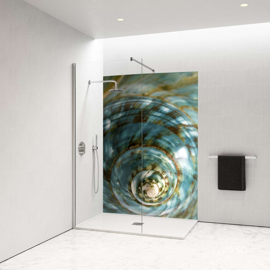 Close-up of a blue and green marble shell shower panel, bringing ocean-inspired elegance to a modern bathroom.