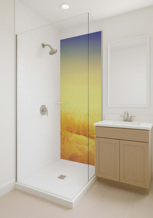 Contemporary shower featuring a vibrant blue sky and yellow sunset mural, ideal for modern interiors.
