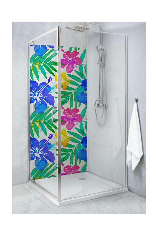 Vibrant large leaf shower panel design featuring colorful tropical flowers, ideal for bold bathroom decor.