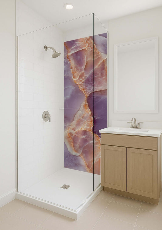 Stunning shower featuring a brilliant amber amethyst panel, showcasing radiant hues and natural elegance in a modern bathroom.