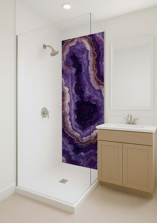 Stylish shower featuring a brilliant purple amethyst panel as a striking feature wall, showcasing natural elegance.
