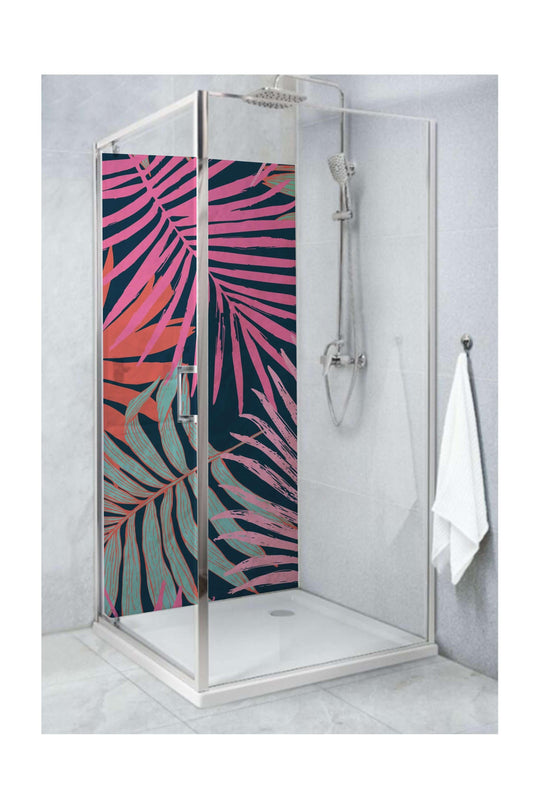 Vibrant tropical leaves shower panel design in pink and teal, adding color and energy to bathroom decor.