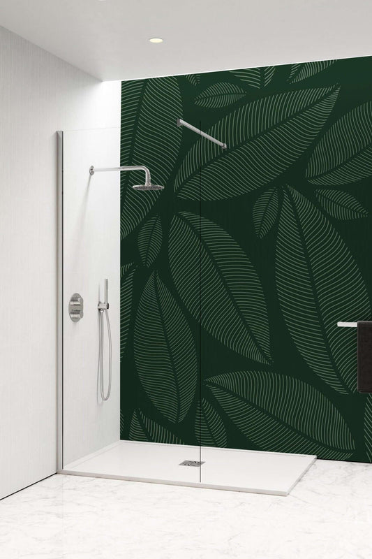 Dark green leaves panel in a modern bathroom shower, creating a serene and natural atmosphere.