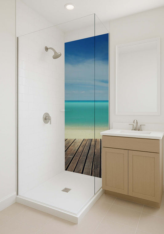 Stunning shower panel featuring a beach view with weathered decking and turquoise ocean for a tranquil bathroom décor.