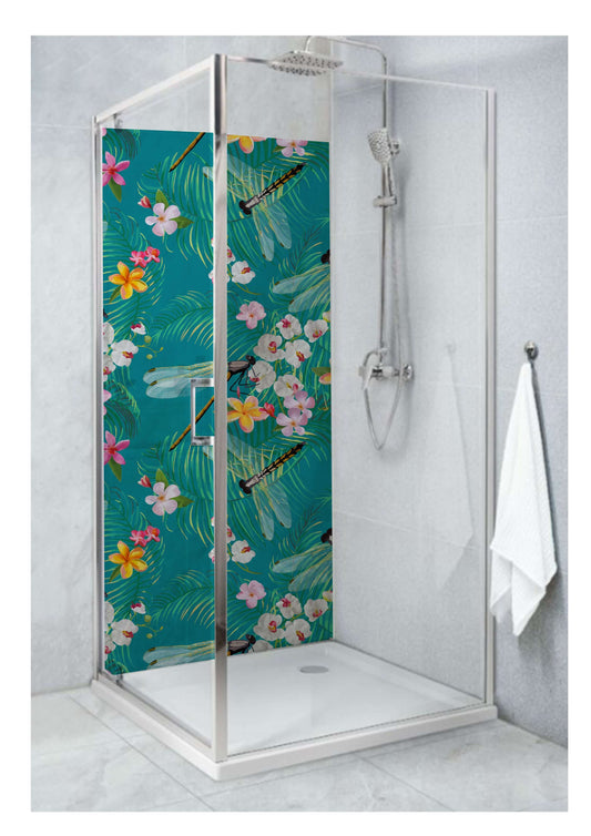 Shower enclosure featuring vibrant dragonfly and floral design, perfect for adding elegance and color to bathrooms.