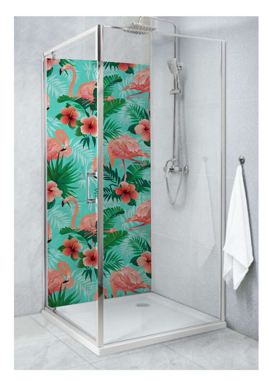 Vibrant shower design featuring colorful flamingos and tropical plants for a fun, stylish bathroom decor.