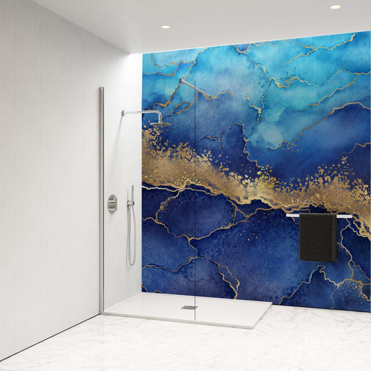 Luxurious blue and gold marbled shower panel, adding elegance to a modern bathroom decor.