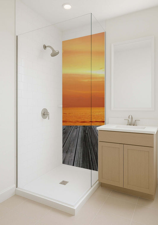 Bathroom shower with golden sunset and dark wood jetty accent wall, creating a calming oasis.