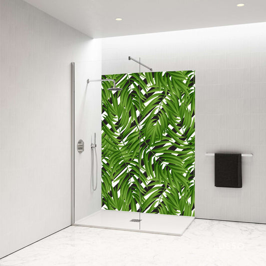 Shower panel featuring lush green leaves with zebra print, adding sophistication to your bathroom design.