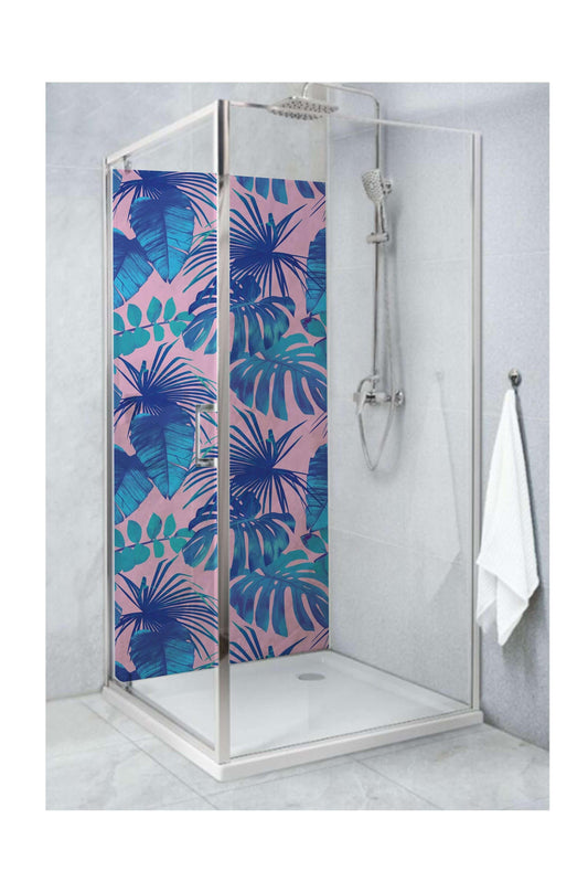 Shower enclosure with vibrant blue and green tropical plant wallpaper, enhancing a serene, nature-inspired bathroom decor.