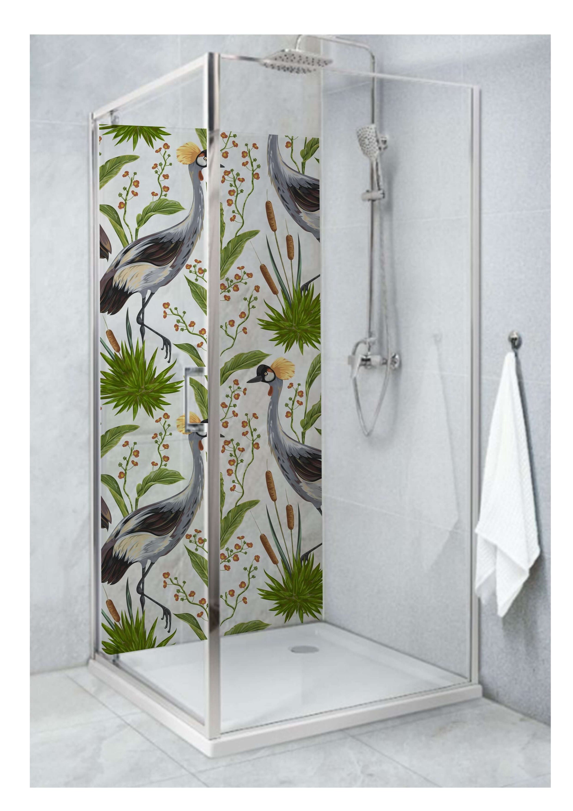 Large cranes design panel in a modern shower, blending elegance with nature's grace in a stylish bathroom.