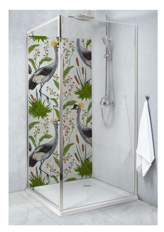 Large cranes design panel in a modern shower, blending elegance with nature's grace in a stylish bathroom.