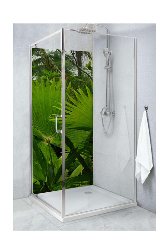 Opelli shower panel featuring oversized green ferns, creating a lush, nature-inspired bathroom space.