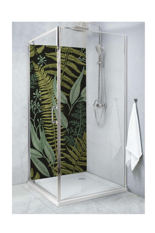 Large jungle leaf shower panel featuring oversized tropical leaves, creating a vibrant rainforest atmosphere in a bathroom.