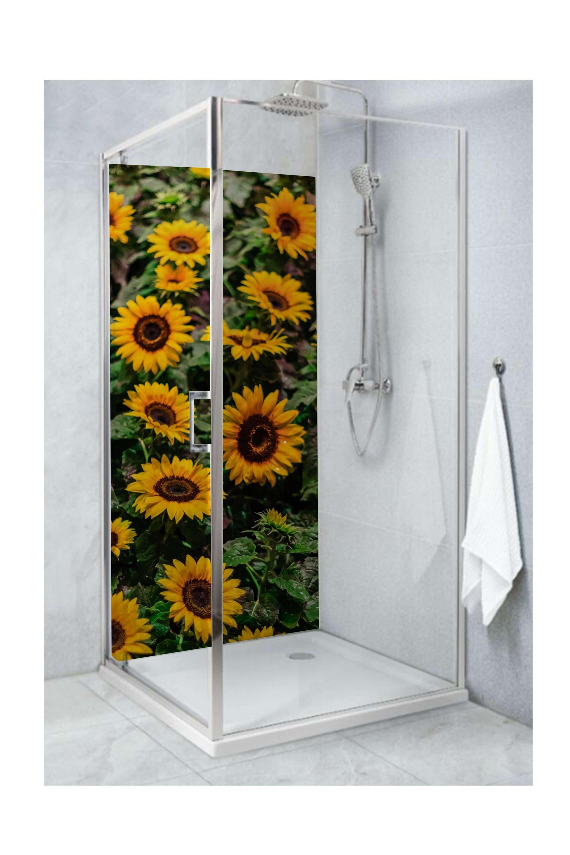 Bright and cheerful shower featuring large sunflowers, adding warmth to modern bathroom décor.