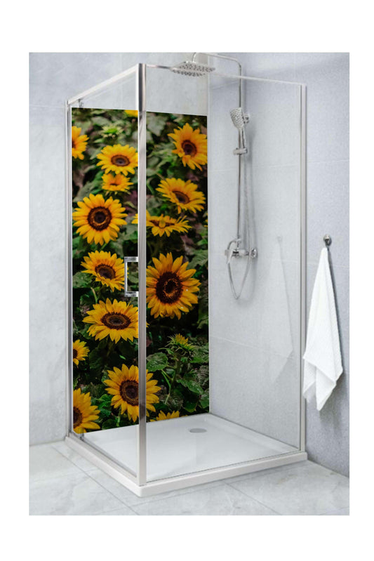 Bright and cheerful shower featuring large sunflowers, adding warmth to modern bathroom décor.