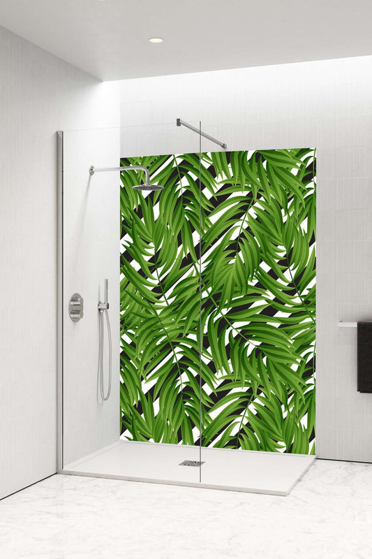 Stylish shower panel featuring bold leaf prints on a zebra print background, enhancing modern bathroom decor.