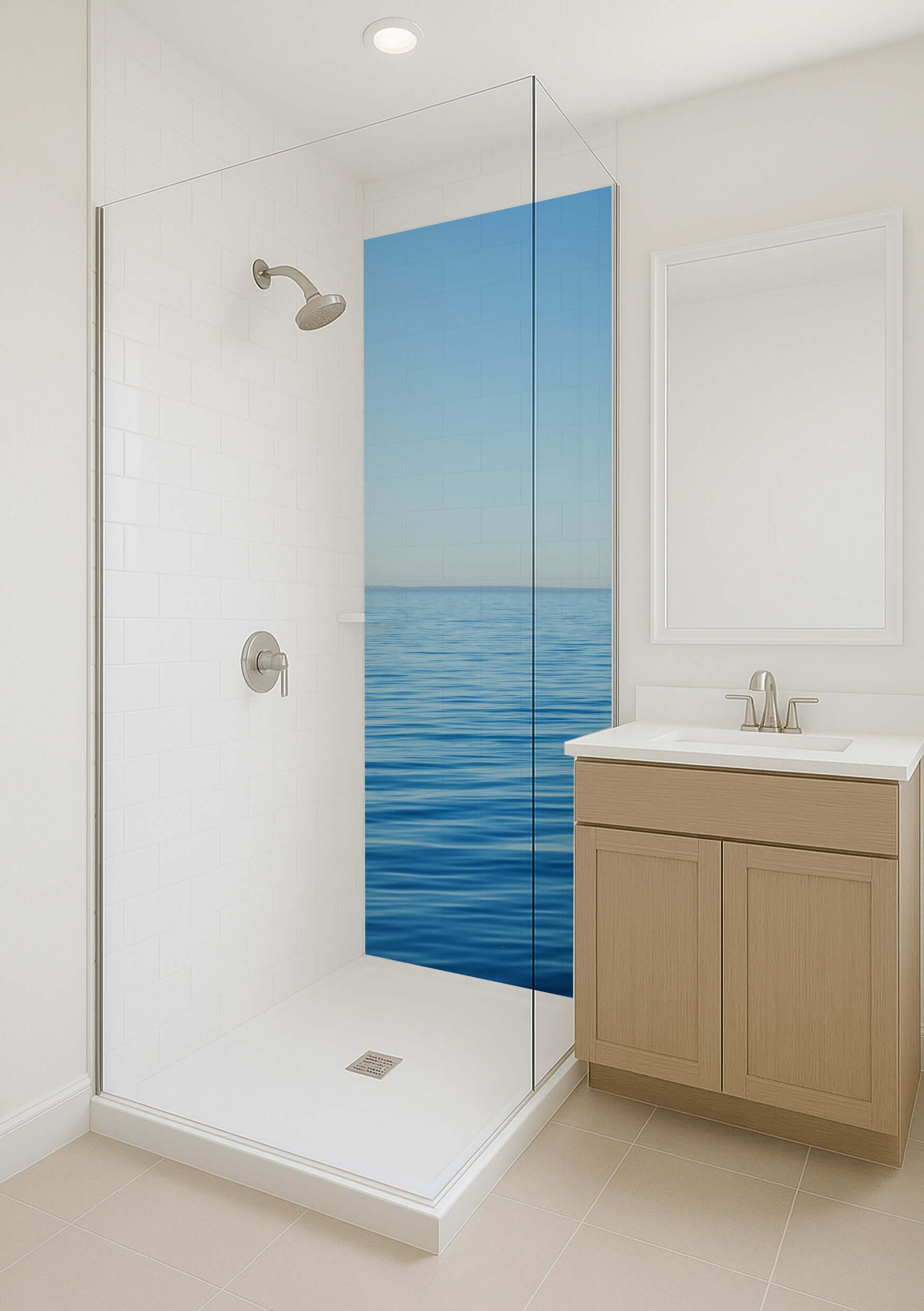 Shower panel featuring a serene blue sea and calm waters, enhancing the relaxing bathroom ambiance.